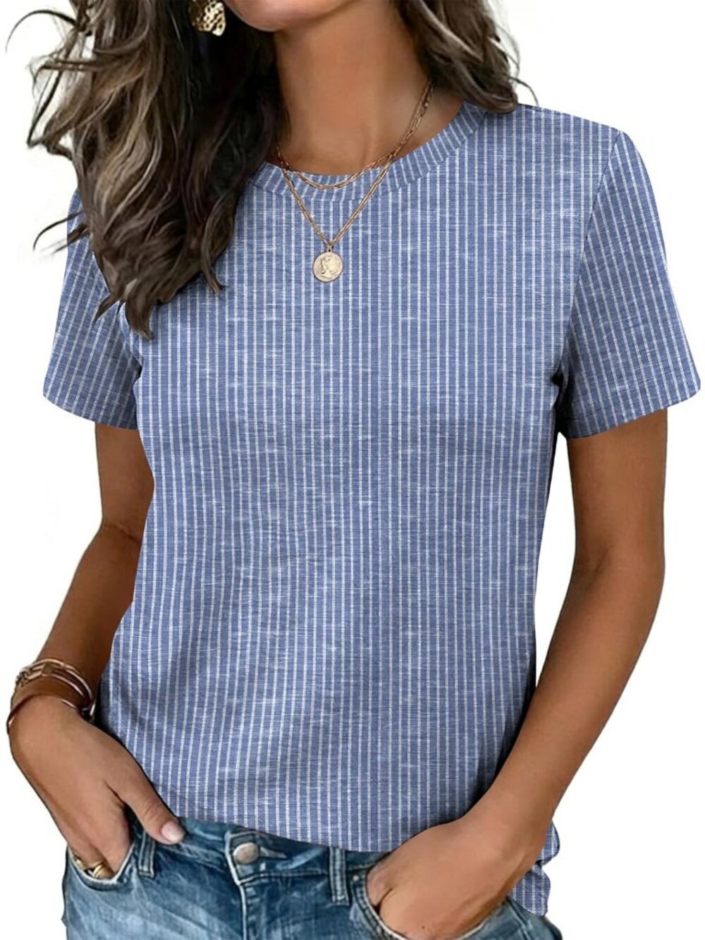Women's Striped Blue Short Sleeve Crew Neck Casual Basic Imported Tee Shirts